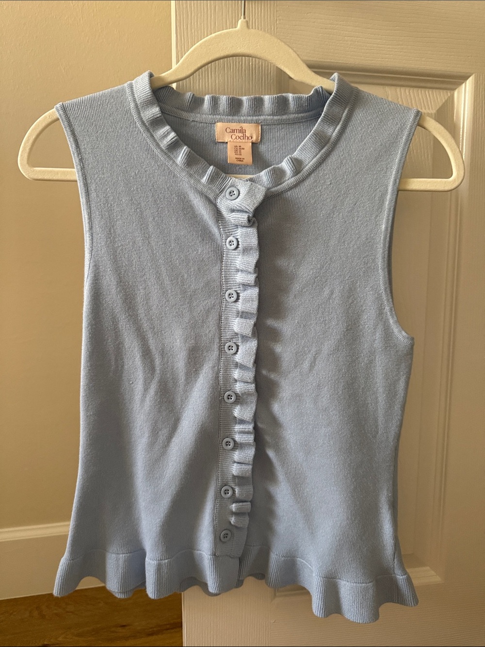 Camila Coelho Light Blue Ruffled Button-Front Sweater Tank